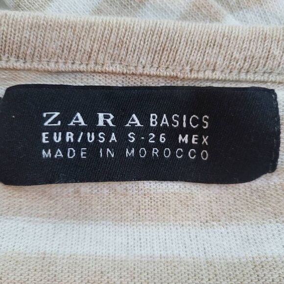 Zara Basics Womens Small Button Front Cardigan Sweater Tan Khaki White Stripe - Picture 4 of 6